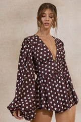 Laurel | Dark Brown Polka Dot V-Neck Balloon Sleeve Romper