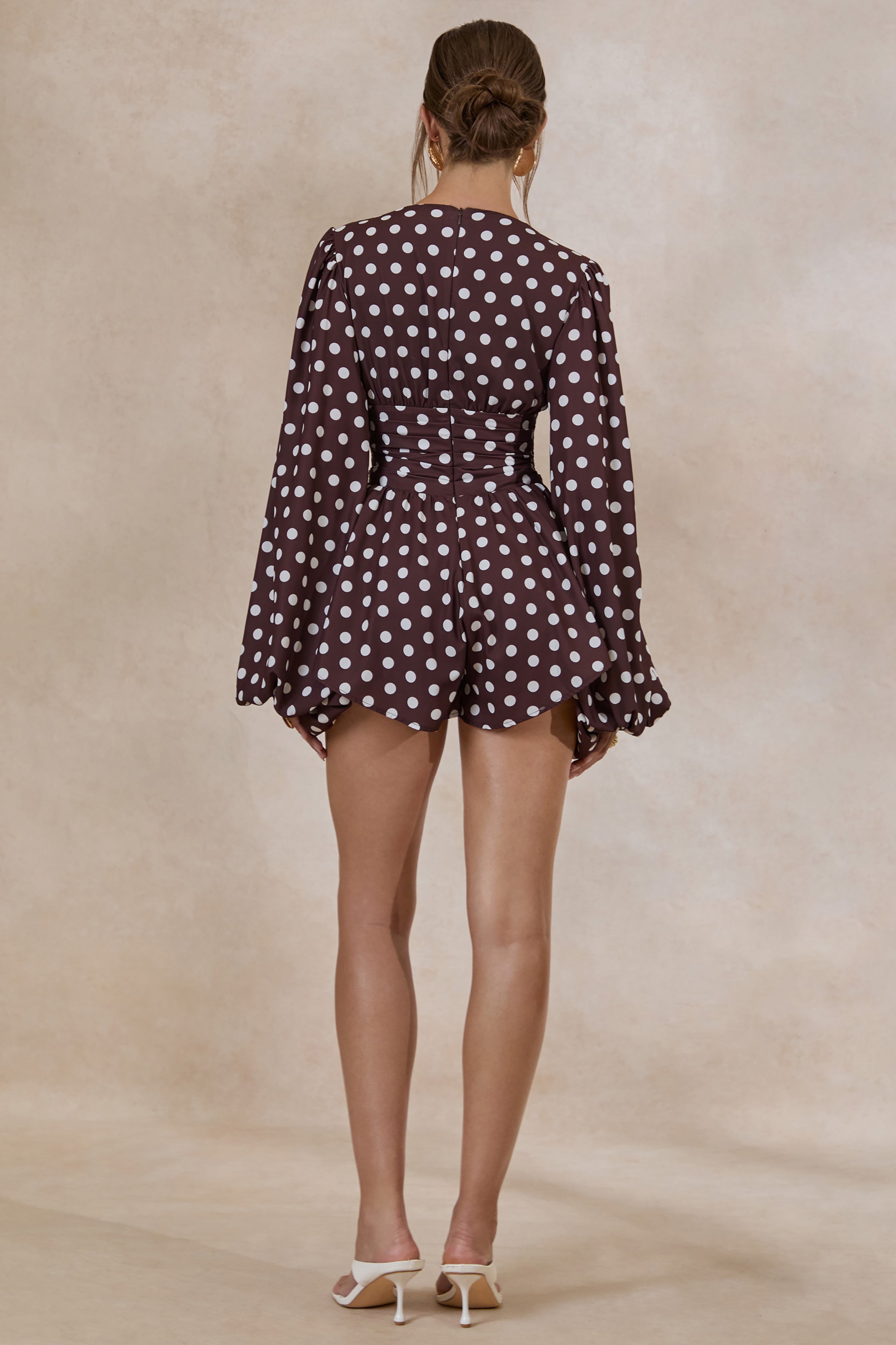 Laurel | Dark Brown Polka Dot V-Neck Balloon Sleeve Romper