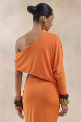 Dua | Orange Asymmetric One-Sleeve Draped Top