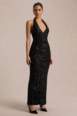 Gio | Black Sequin Plunge-Neck Wrap Maxi Dress With Ruched Detailing And Front Split