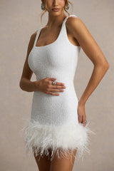 Rosalinda | White Sequin Square-Neck Mini Dress With Feather Trim