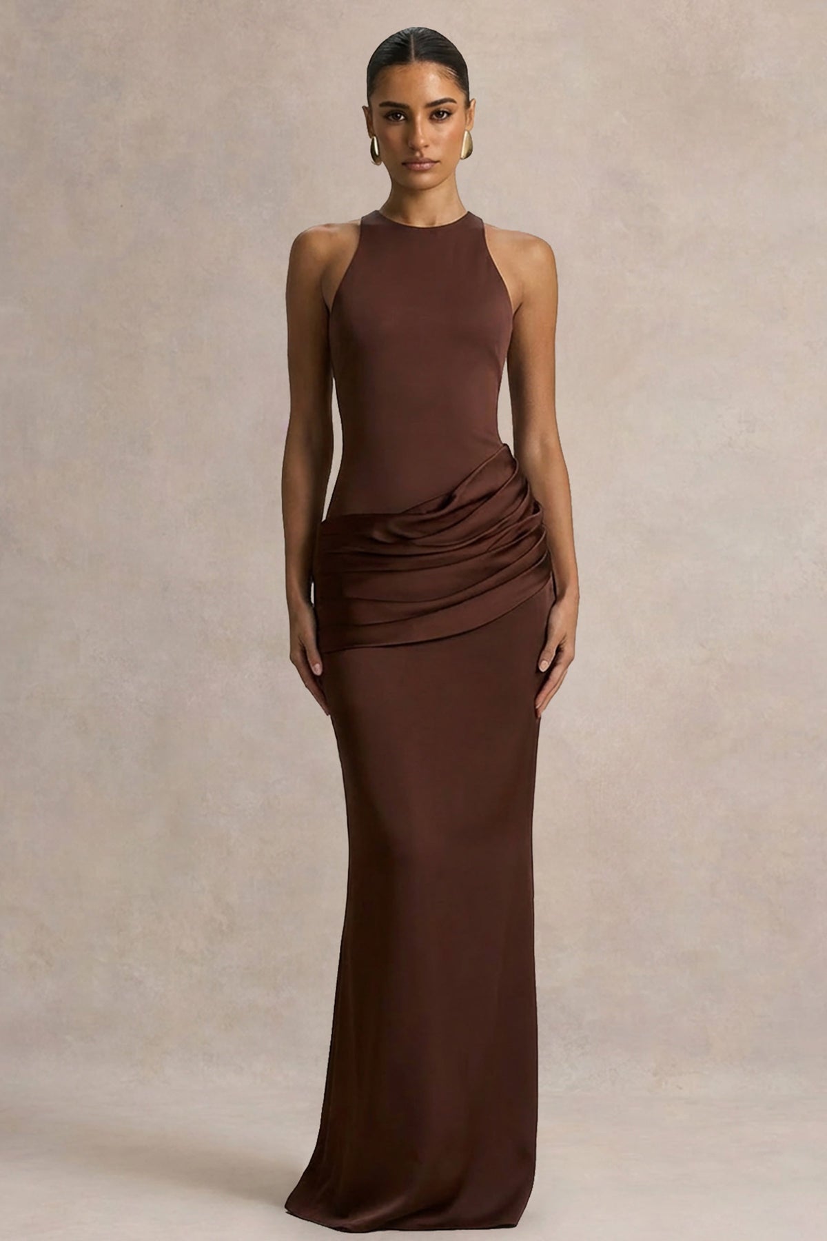 Akari | Brown Crew-Neck Maxi Dress With Satin Skirt