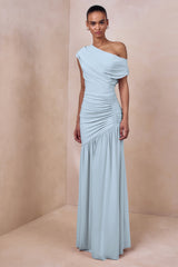 Kady | Powder Blue Asymmetric-Neck Maxi Dress With Ruched Detailing