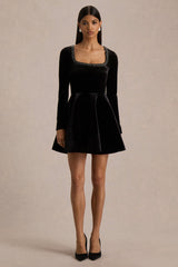 Beloved | Black Velvet Embellished Square-Neck Mini Dress