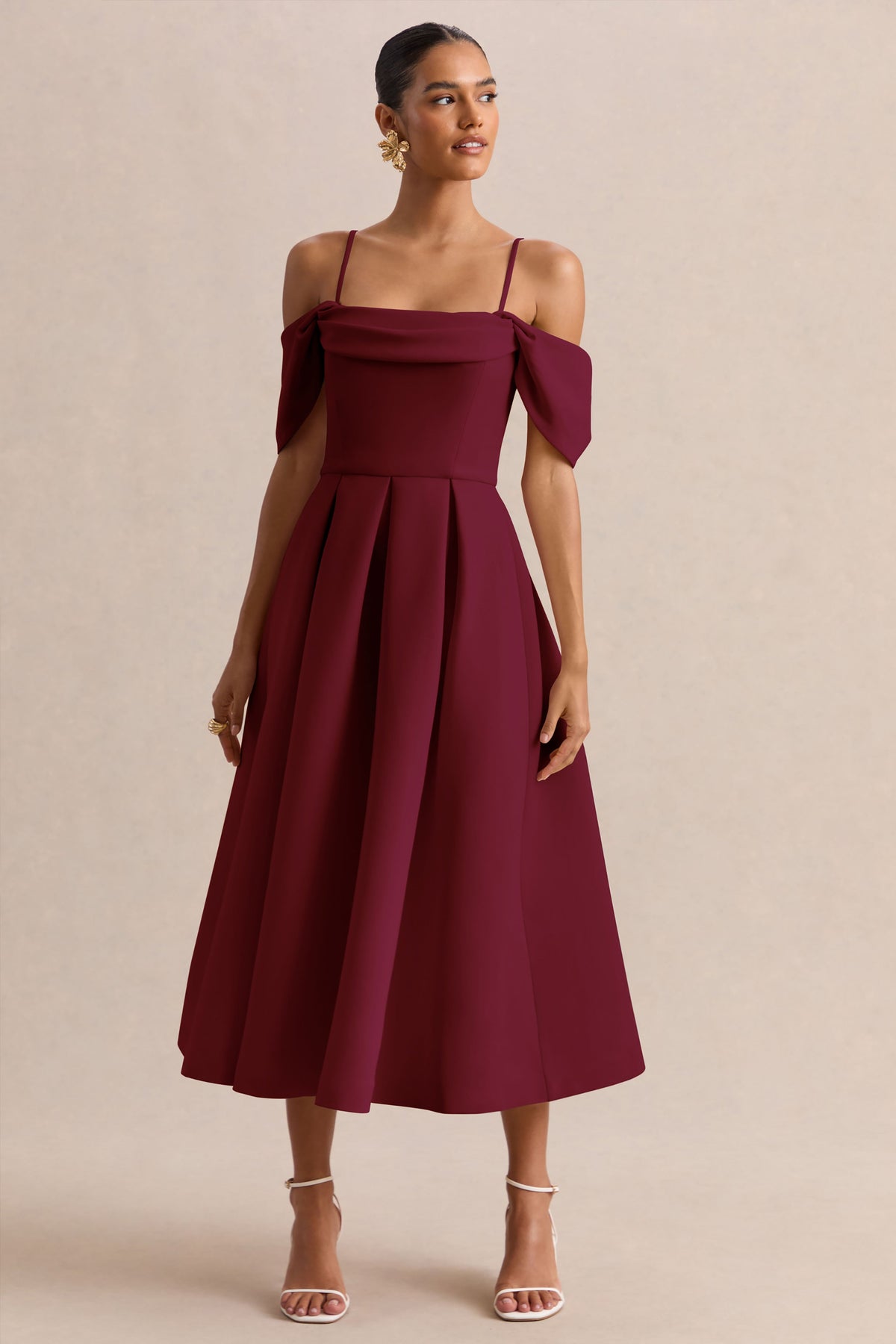 Cosima | Burgundy Bardot-Neck Midi Dress
