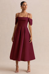 Cosima | Burgundy Bardot-Neck Midi Dress