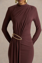 Zadie | Brown High-Neck Maxi Dress With Gathered-Detail