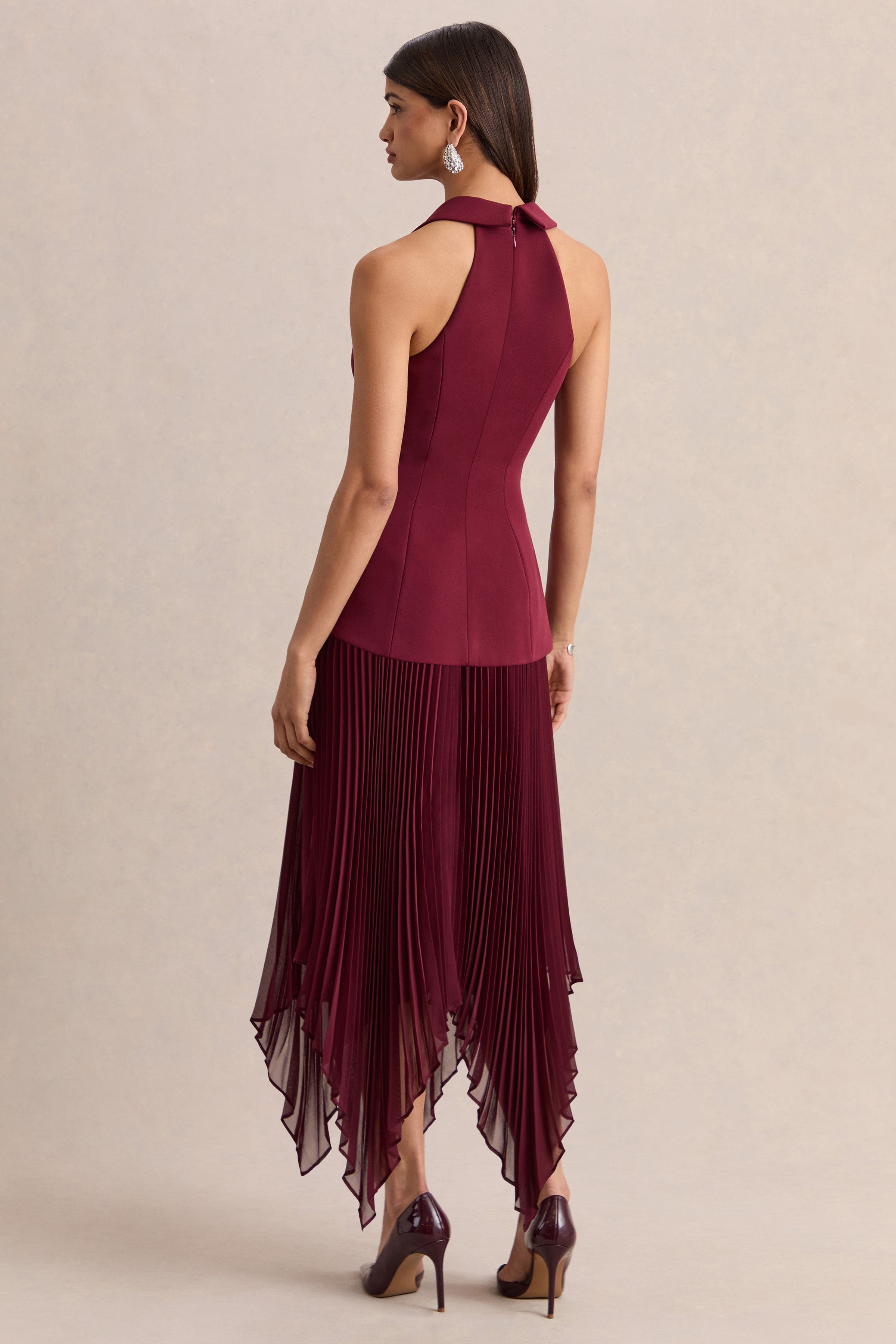 Marvelle | Burgundy Plunge-Neck Maxi Dress With Hanky Hem