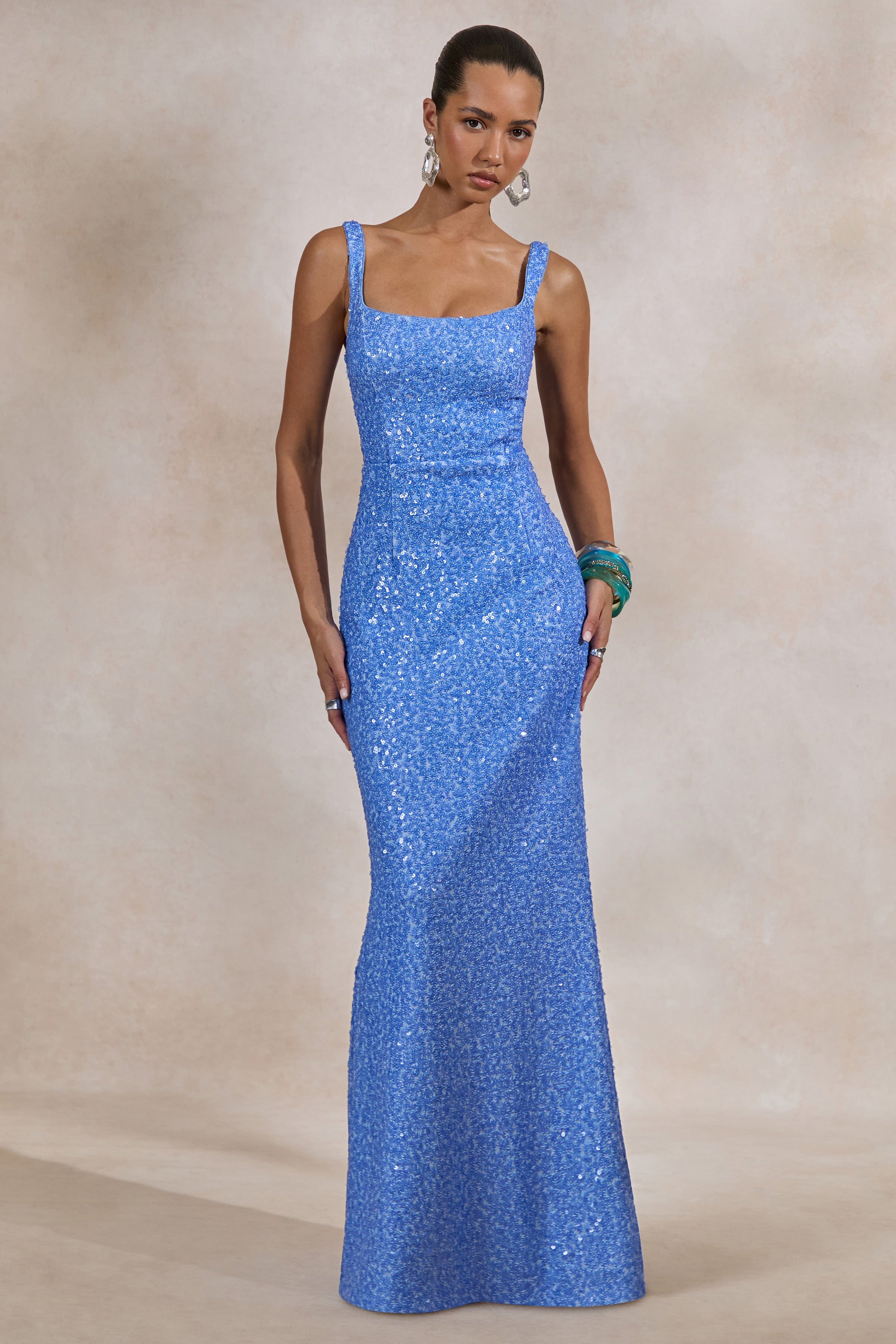 Lucelle | Powder Blue Sequin Scoop-Neck Maxi Dress