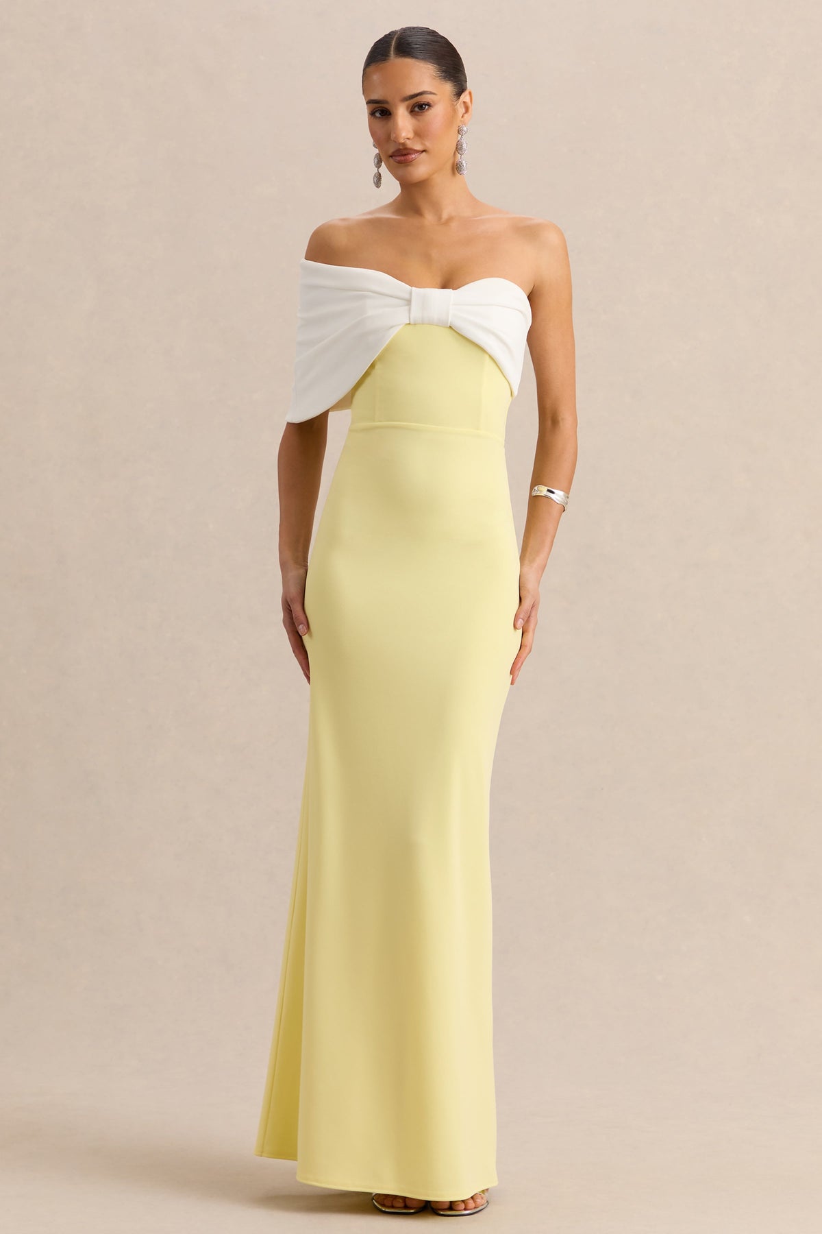 Agatha | Lemon & White Bow Bardot-Neck Maxi Dress