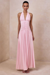 Bettina | Pink Plunge-Neck Maxi Dress With Gathered-Detailing
