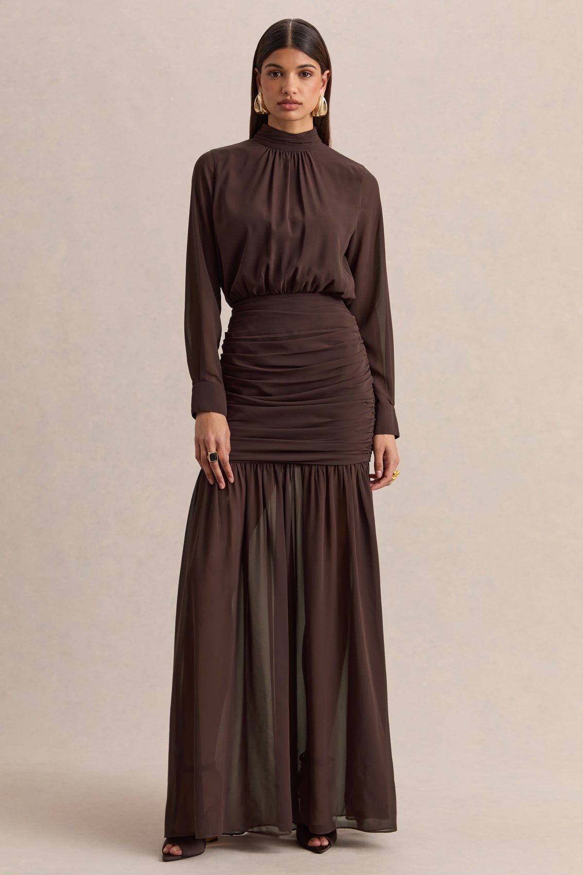 Zella | Brown High-Neck Maxi Dress With Sheer-Skirt