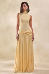 Glimora | Lemon High-Neck Maxi Dress With Ruched-Detailing