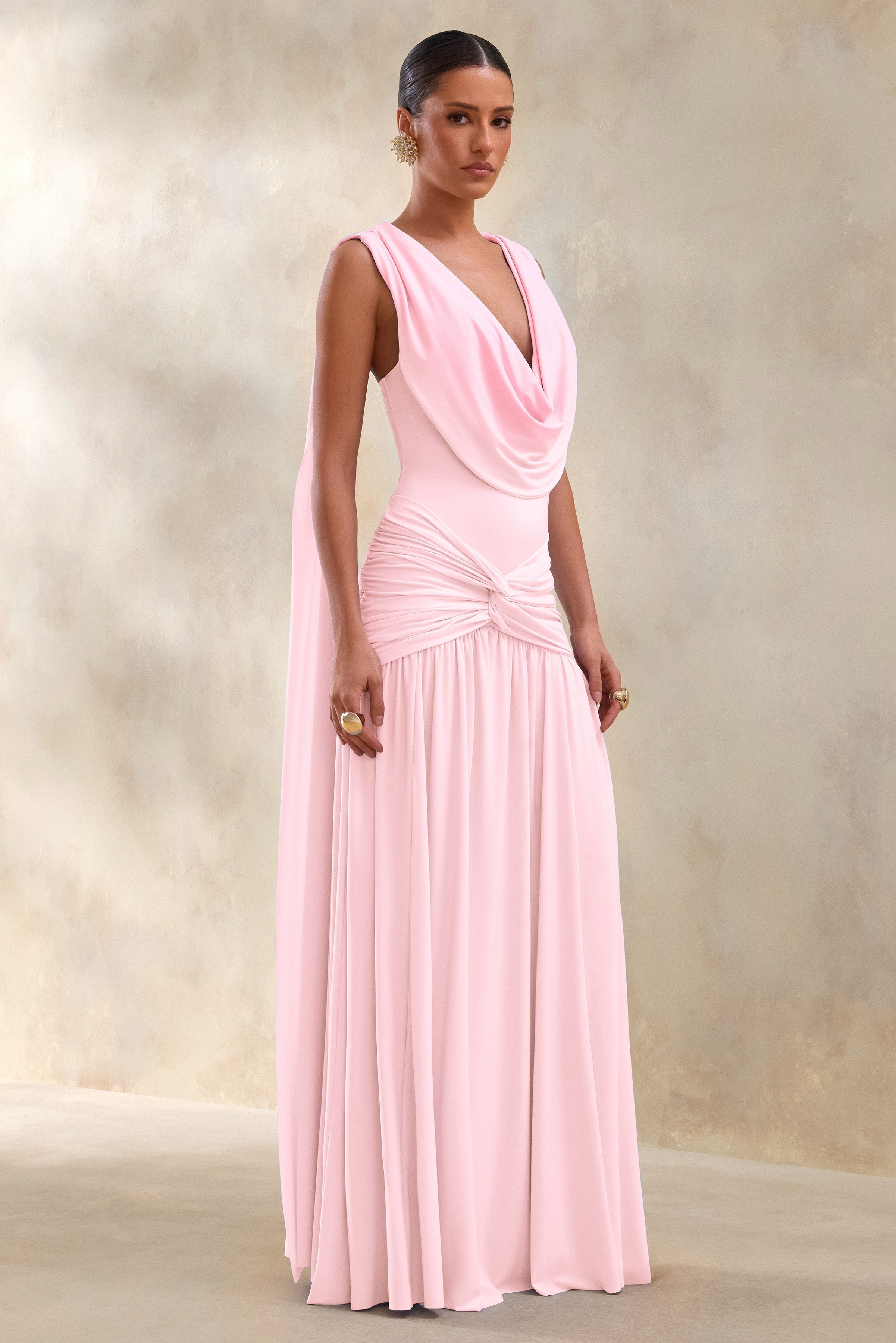 Amelisse | Light Pink Plunge-Neck Maxi Dress With Ruched-Detailing