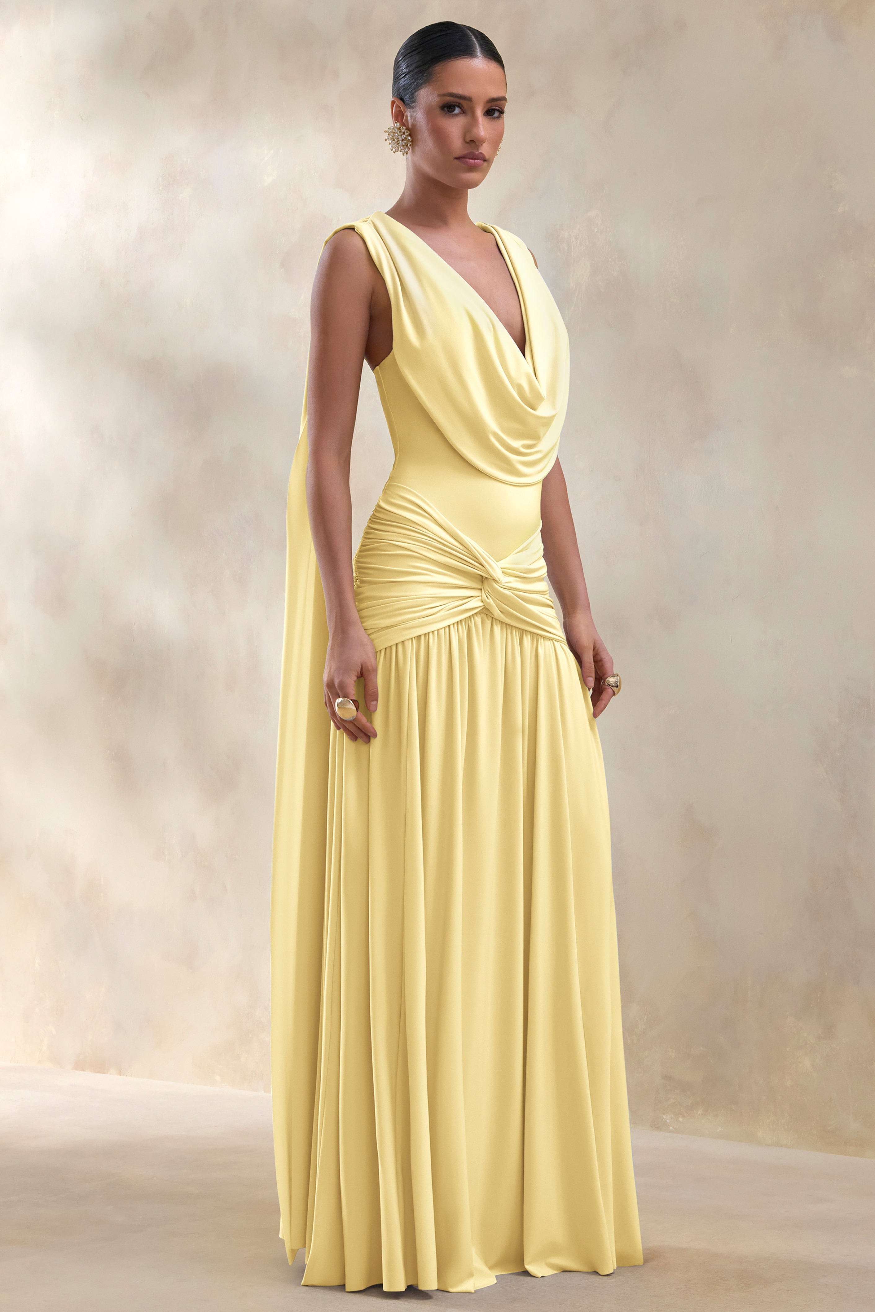Amelisse | Lemon Plunge-Neck Maxi Dress With Ruched-Detailing