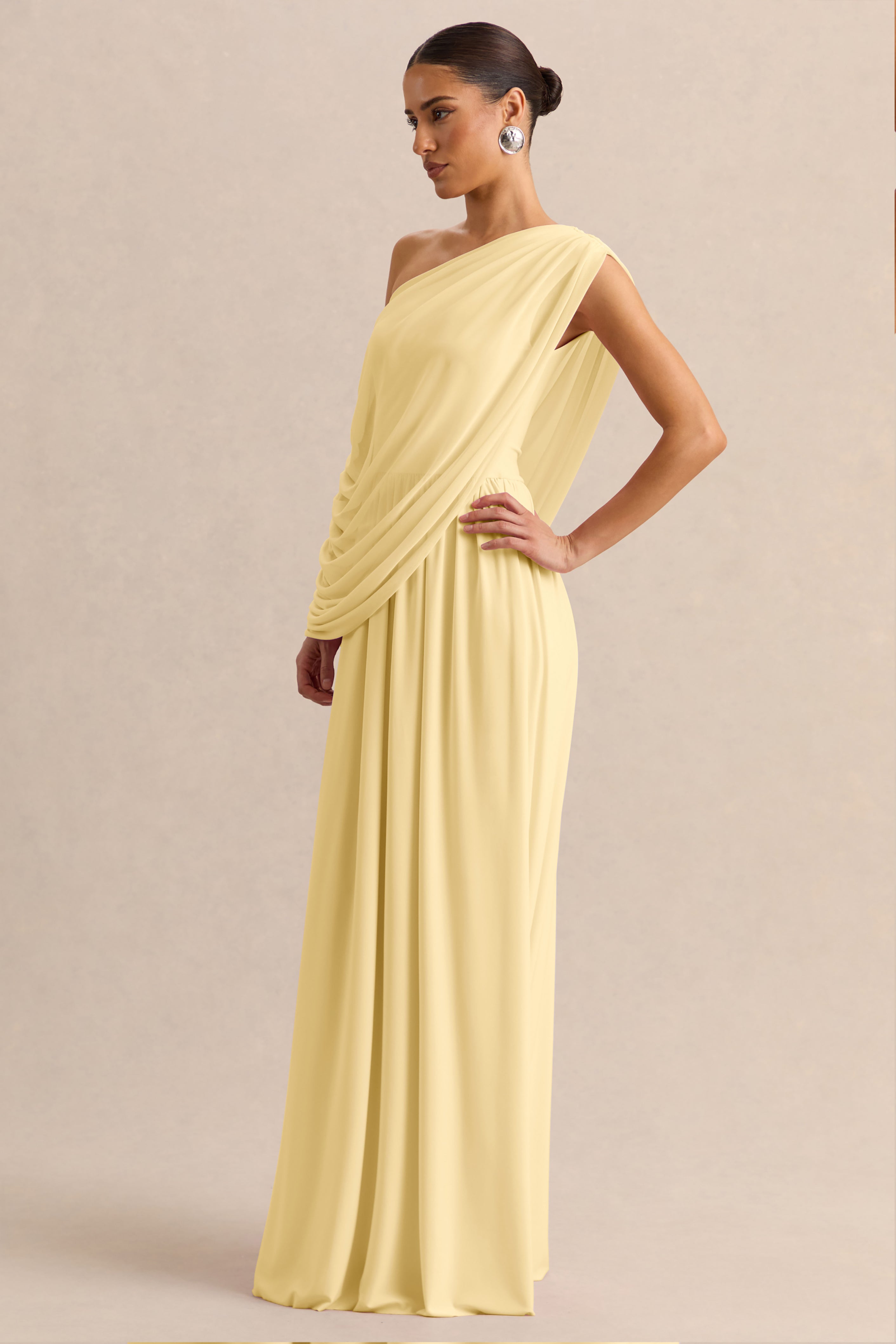 Sabianna | Lemon Asymmetric-Neck Maxi Dress With Draped Detailing