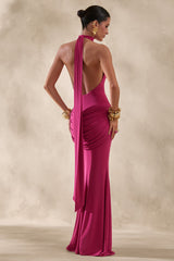 Daisy | Hot Pink Halter-Neck Maxi Dress With Draped-Detailing