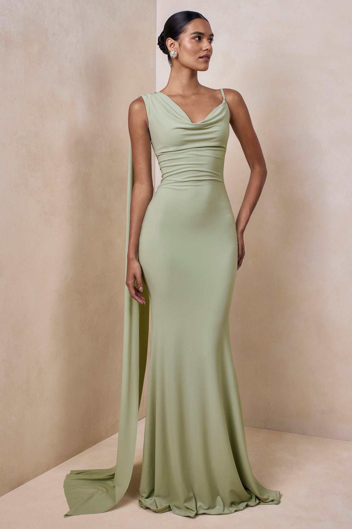 Kenza | Mint Asymmetric-Neck Maxi Dress With Scarf-Detail