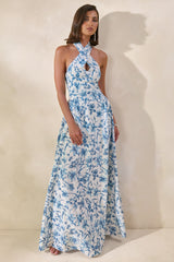 Liana | Blue Porcelain Print Halter-Neck Maxi Dress