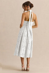 Maribel | White Lace Plunge-Neck Midi Dress