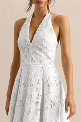 Maribel | White Lace Plunge-Neck Midi Dress
