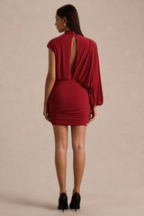 Zelda | Red High-Neck Mini Dress With One-Long Sleeve And Twisted Detail