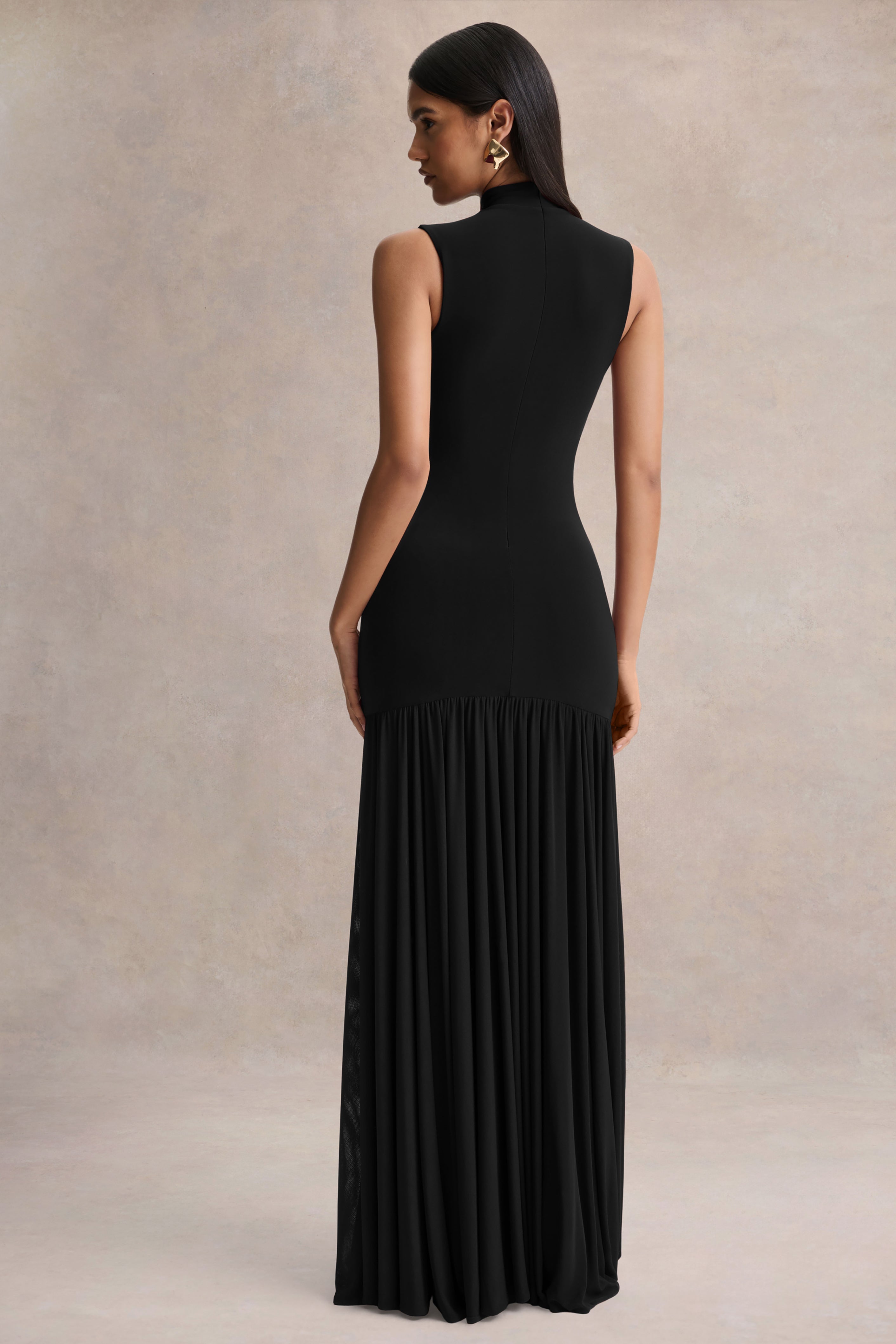 Gigi | Black High-Neck Maxi Dress With Drop-Waist And Sheer Skirt