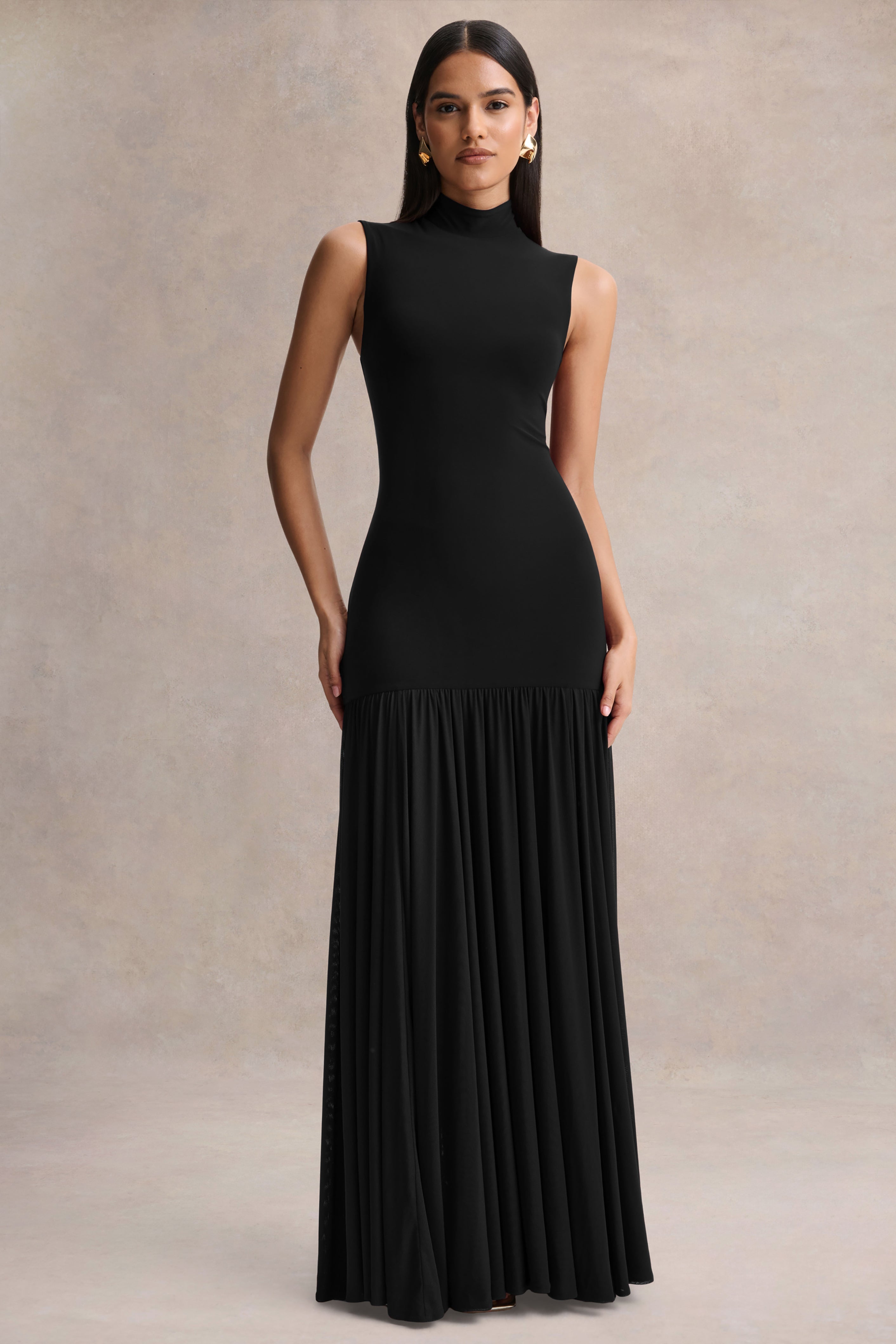 Gigi | Black High-Neck Maxi Dress With Drop-Waist And Sheer Skirt