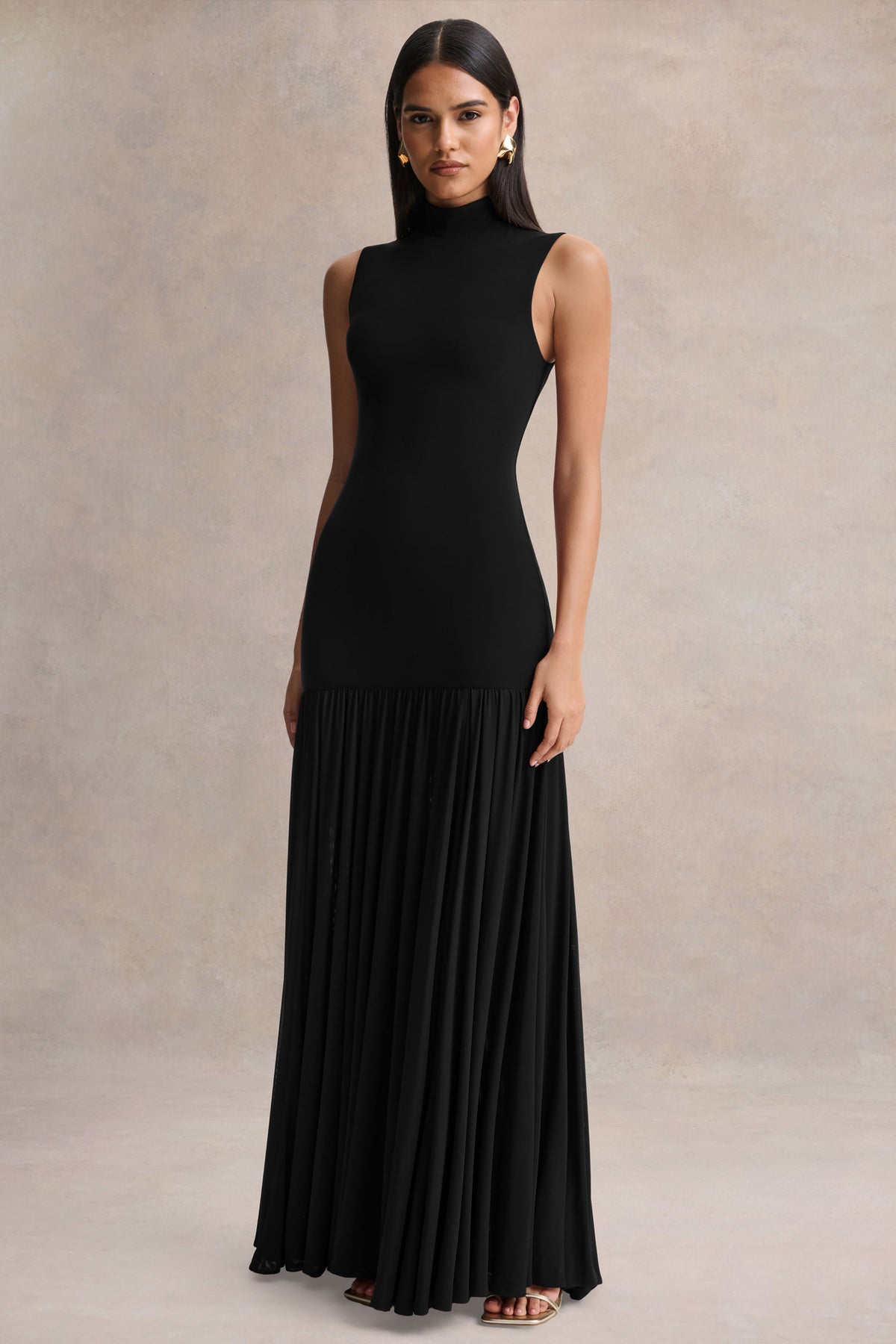 Gigi | Black High-Neck Maxi Dress With Drop-Waist And Sheer Skirt