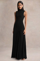 Gigi | Black High-Neck Maxi Dress With Drop-Waist And Sheer Skirt