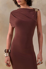 Blaire | Brown Asymmetric-Neck Maxi Dress With Gold-Detailing