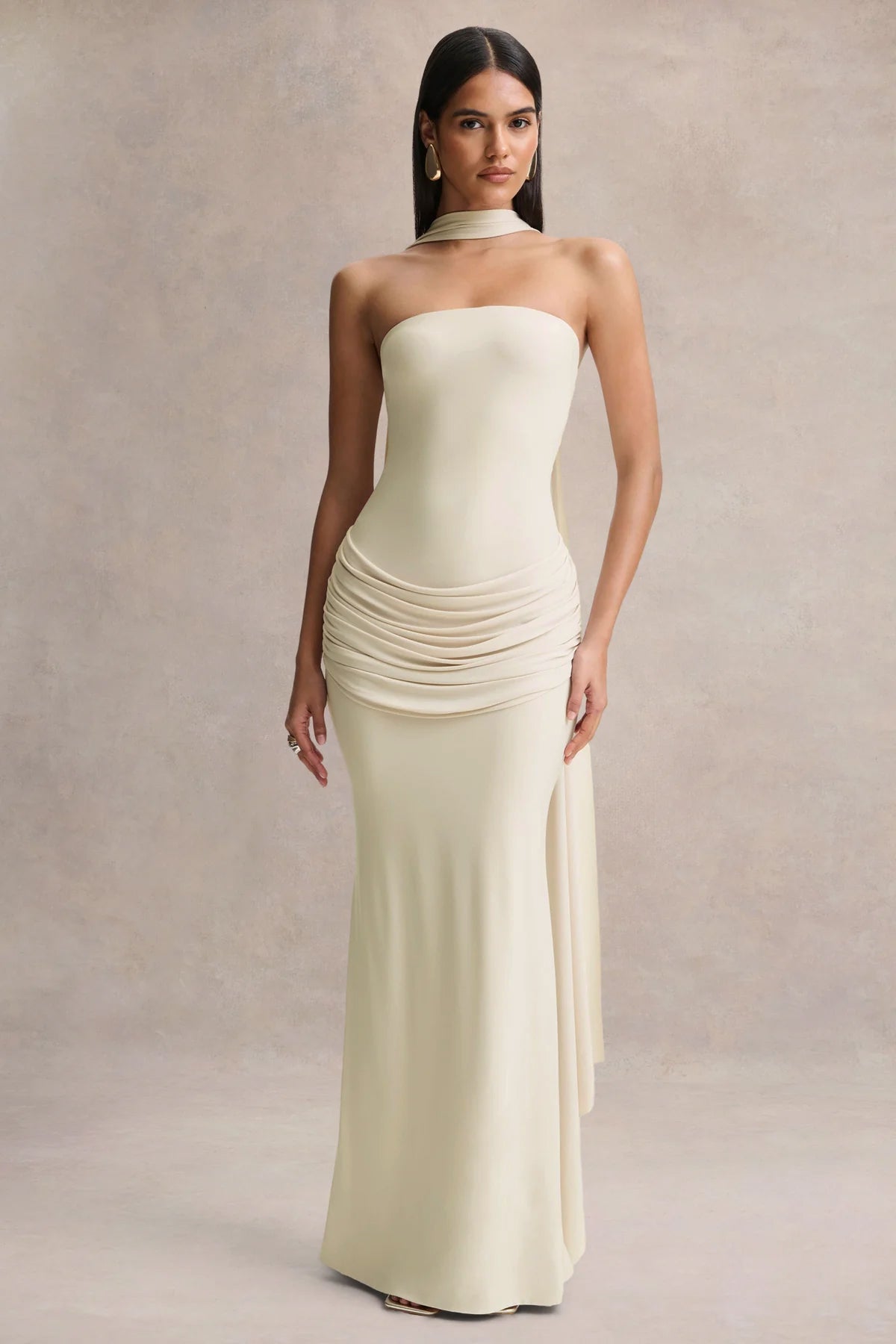 Graciella | Cream Bandeau Maxi Dress With Draped Detailing And Scarf