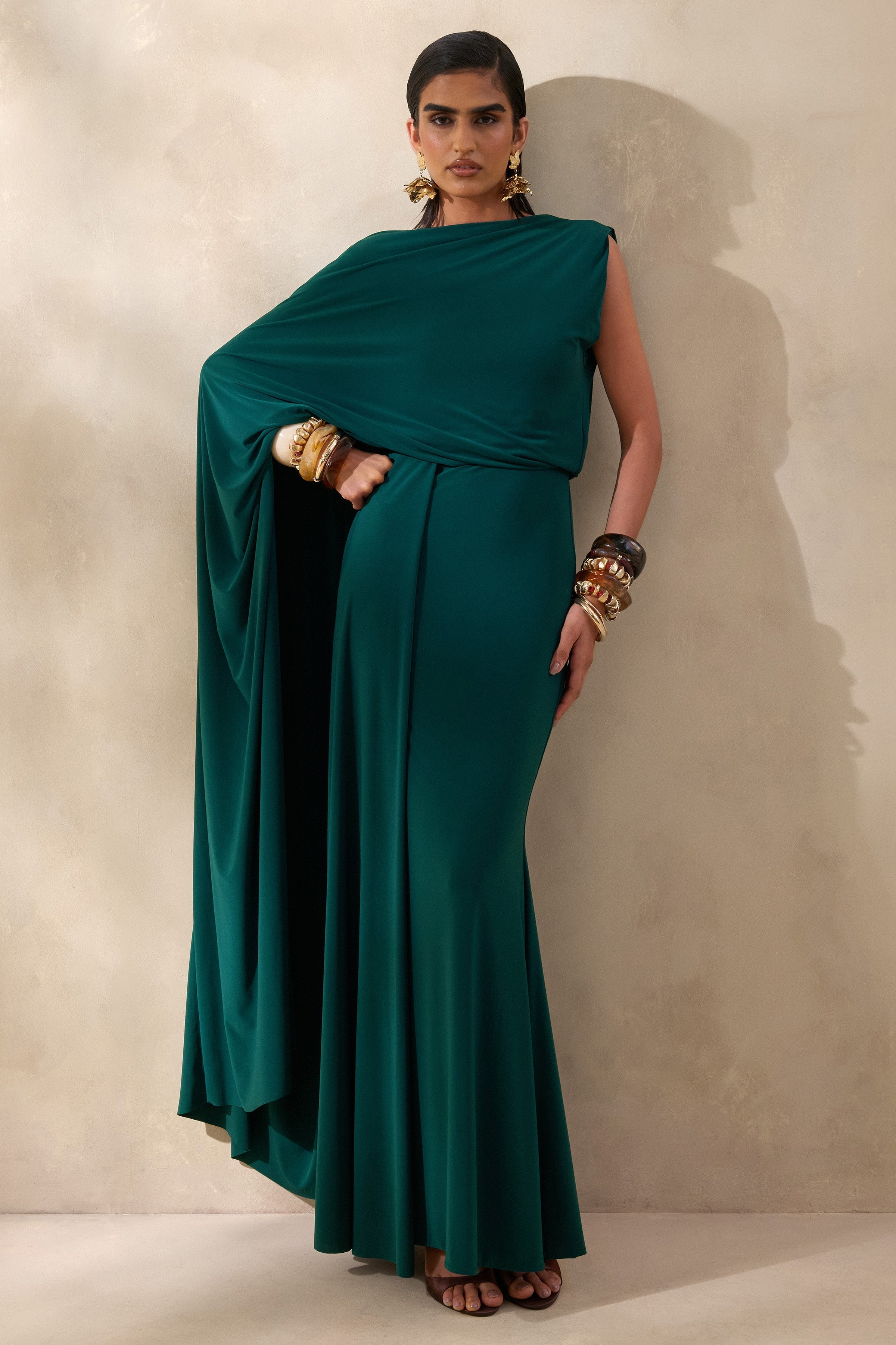 Carenza | Dark Green Wide-Neck Maxi Dress With Cape-Sleeve