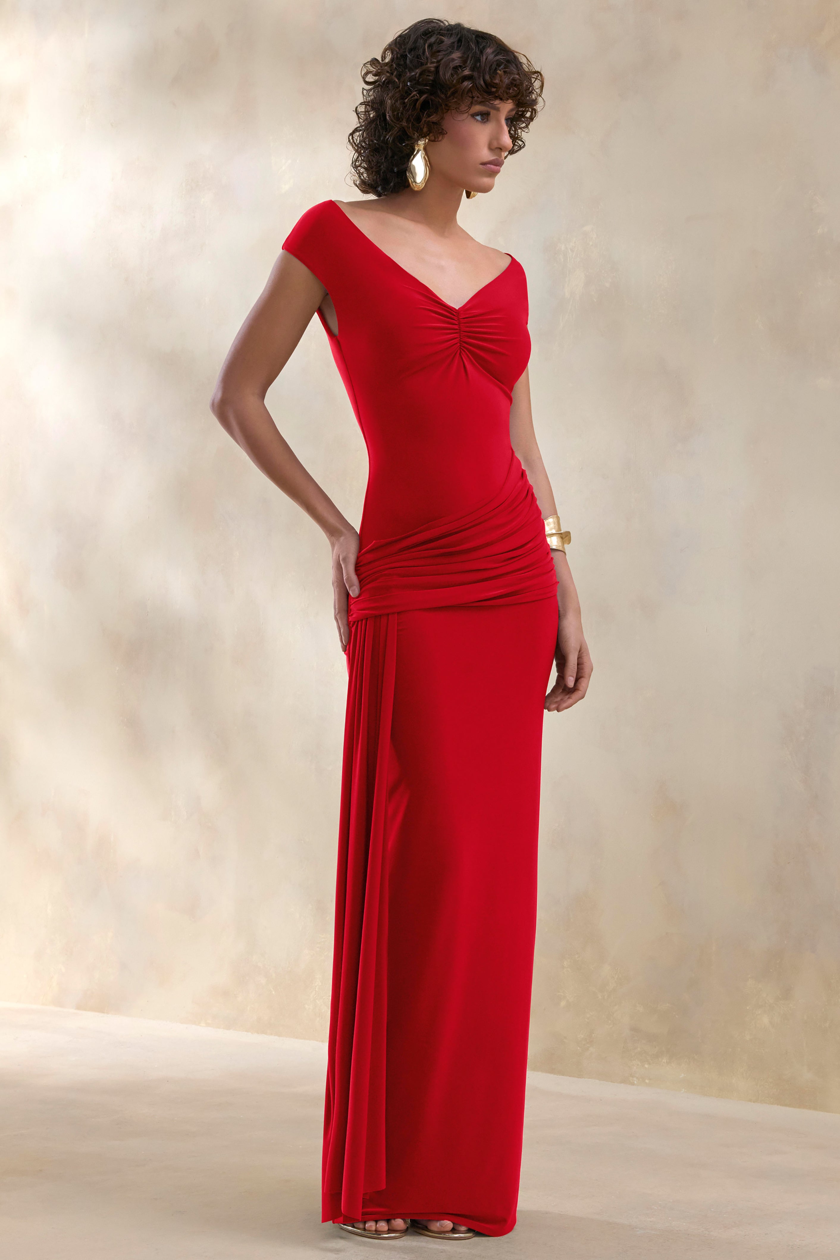 Petronia | Red V-Neck Maxi Dress With Wrap-Detail