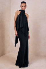 Vayla | Black Matte Satin Asymmetric Drop-Waist Maxi Skirt