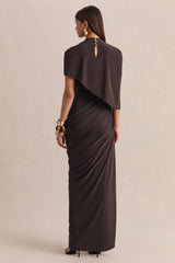 Lunaline | Brown High-Neck Maxi Dress With Asymmetric Cape And Draped-Detailing