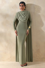 Lysoria | Olive High-Neck Maxi Dress With Draped-Detailing And Cape-Sleeves