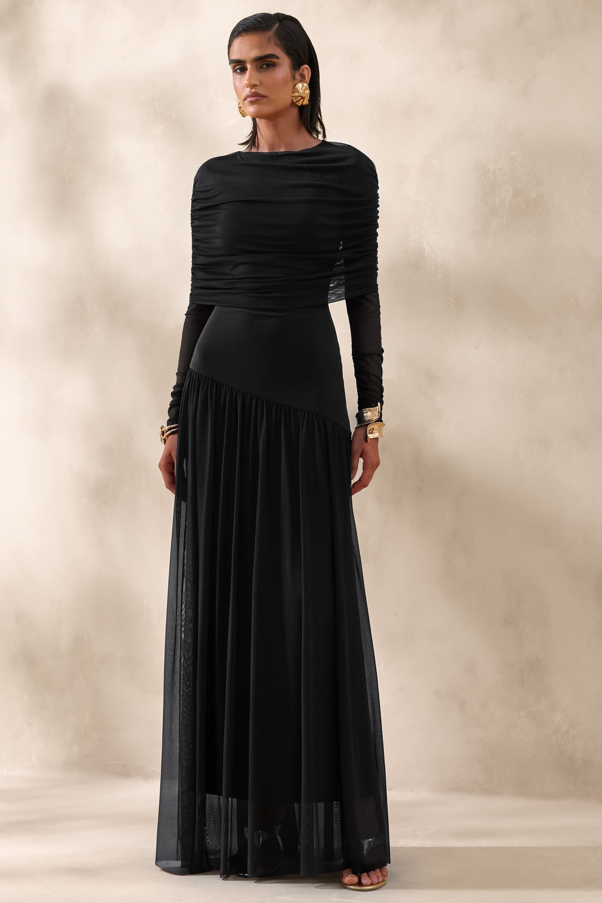 Enalia | Black Mesh High-Neck Maxi Dress With Short-Cape