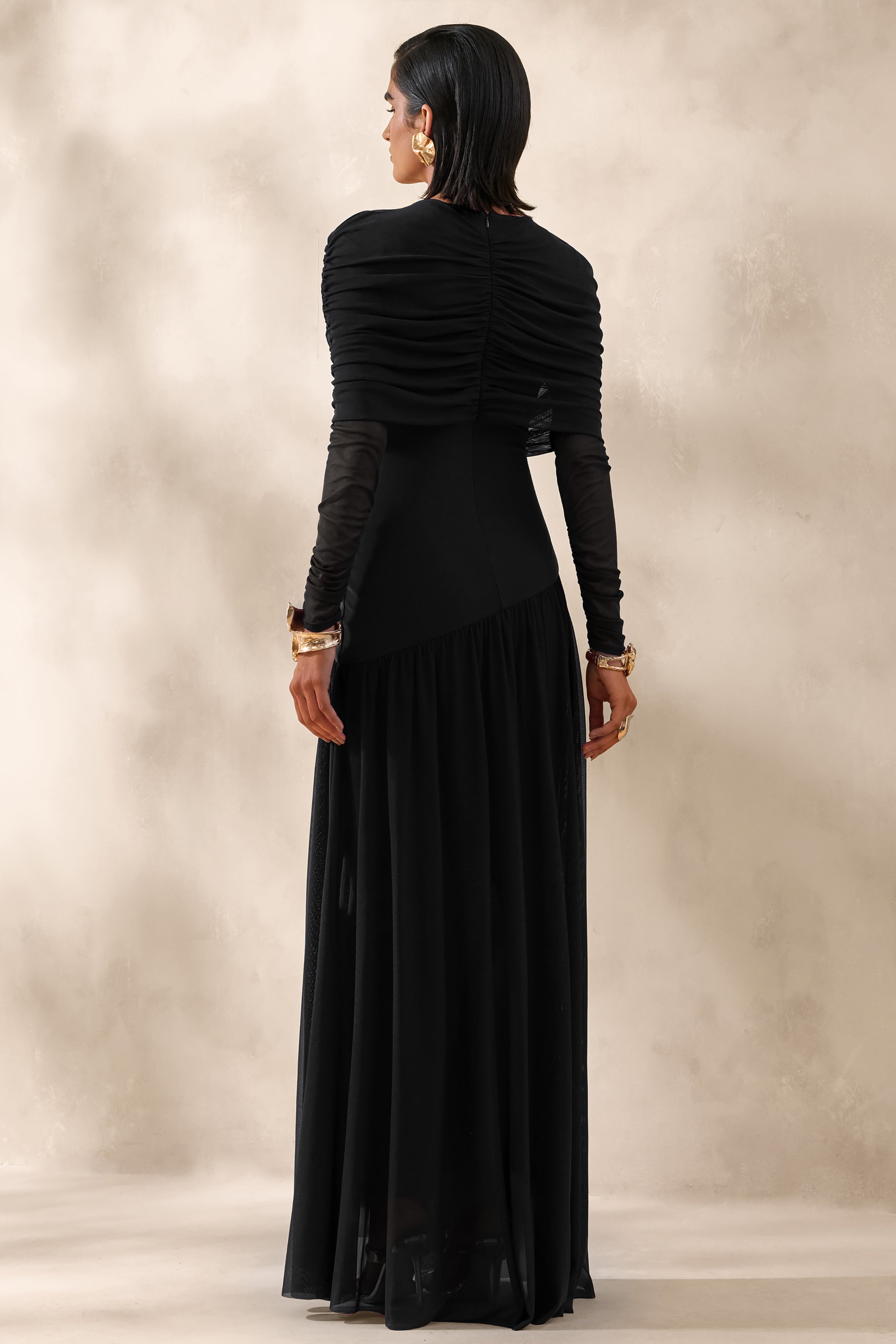 Enalia | Black Mesh High-Neck Maxi Dress With Short-Cape