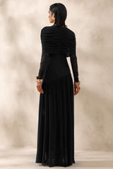 Enalia | Black Mesh High-Neck Maxi Dress With Short-Cape
