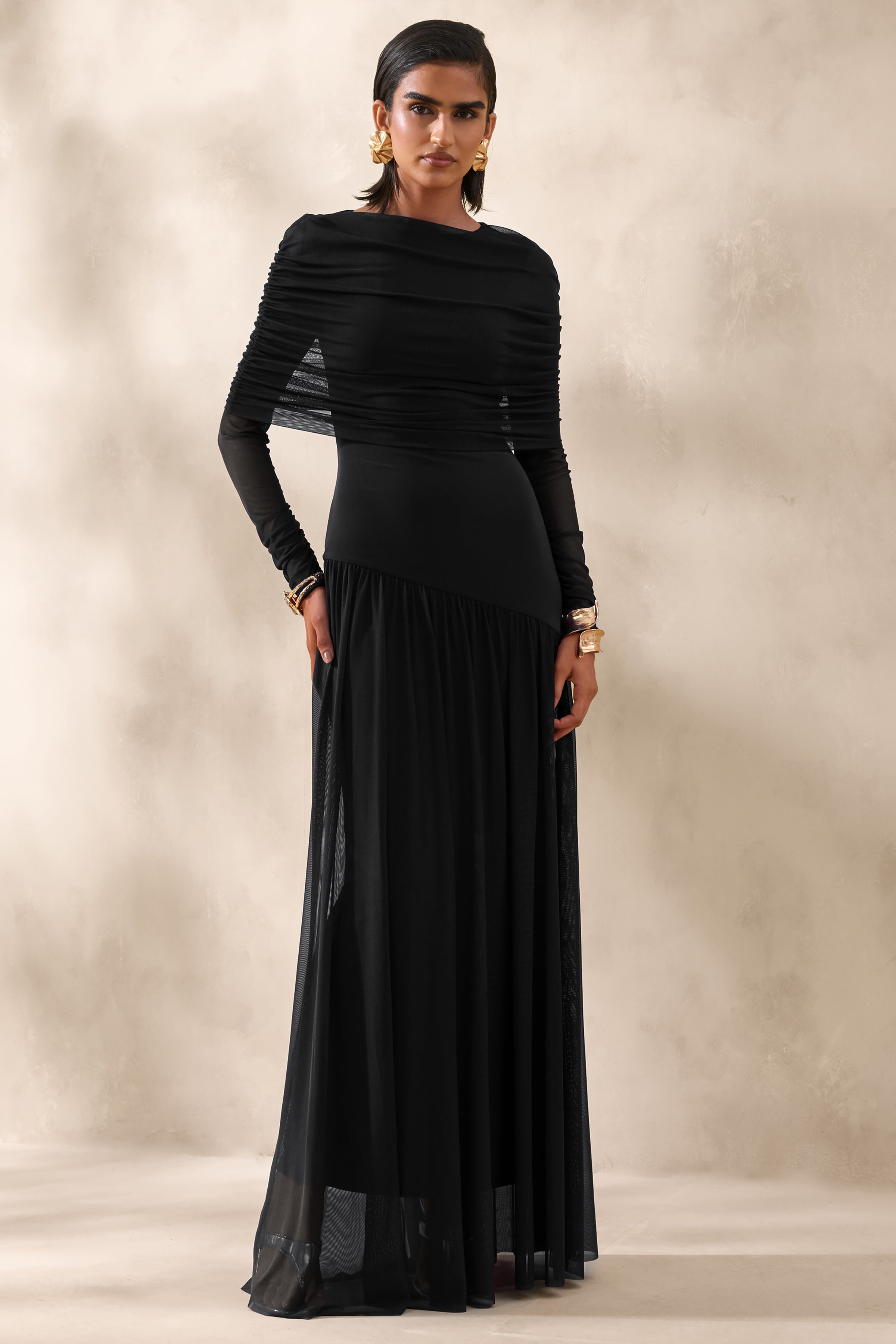 Enalia | Black Mesh High-Neck Maxi Dress With Short-Cape