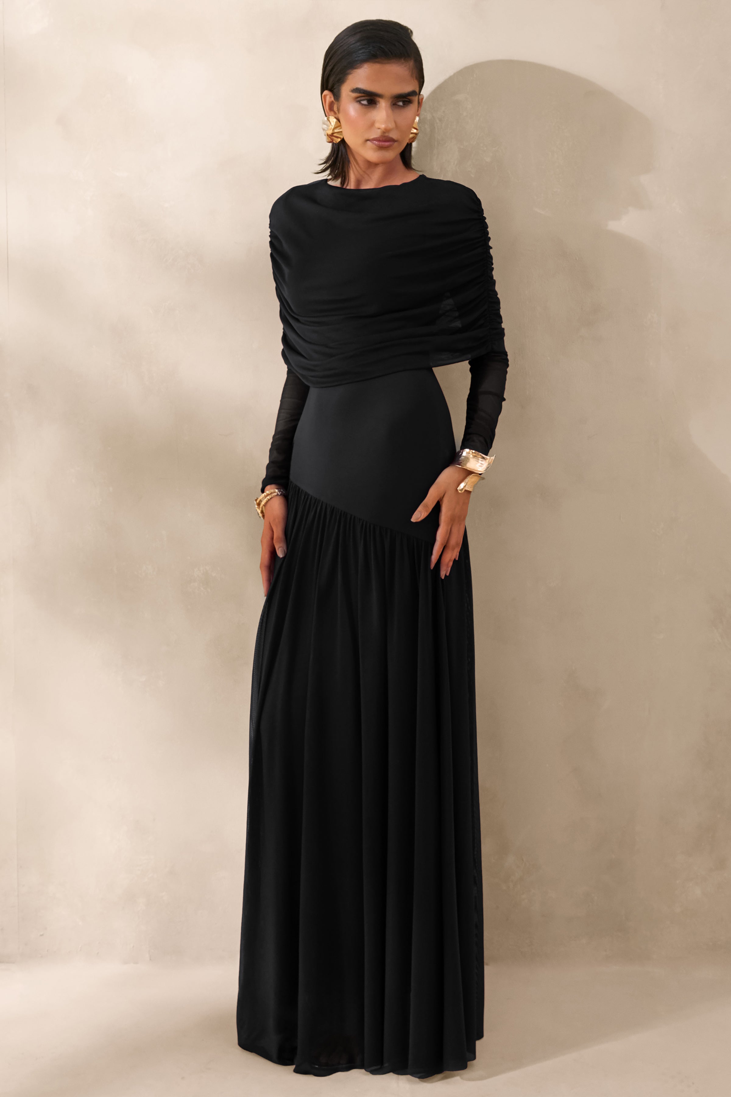 Enalia | Black Mesh High-Neck Maxi Dress With Short-Cape