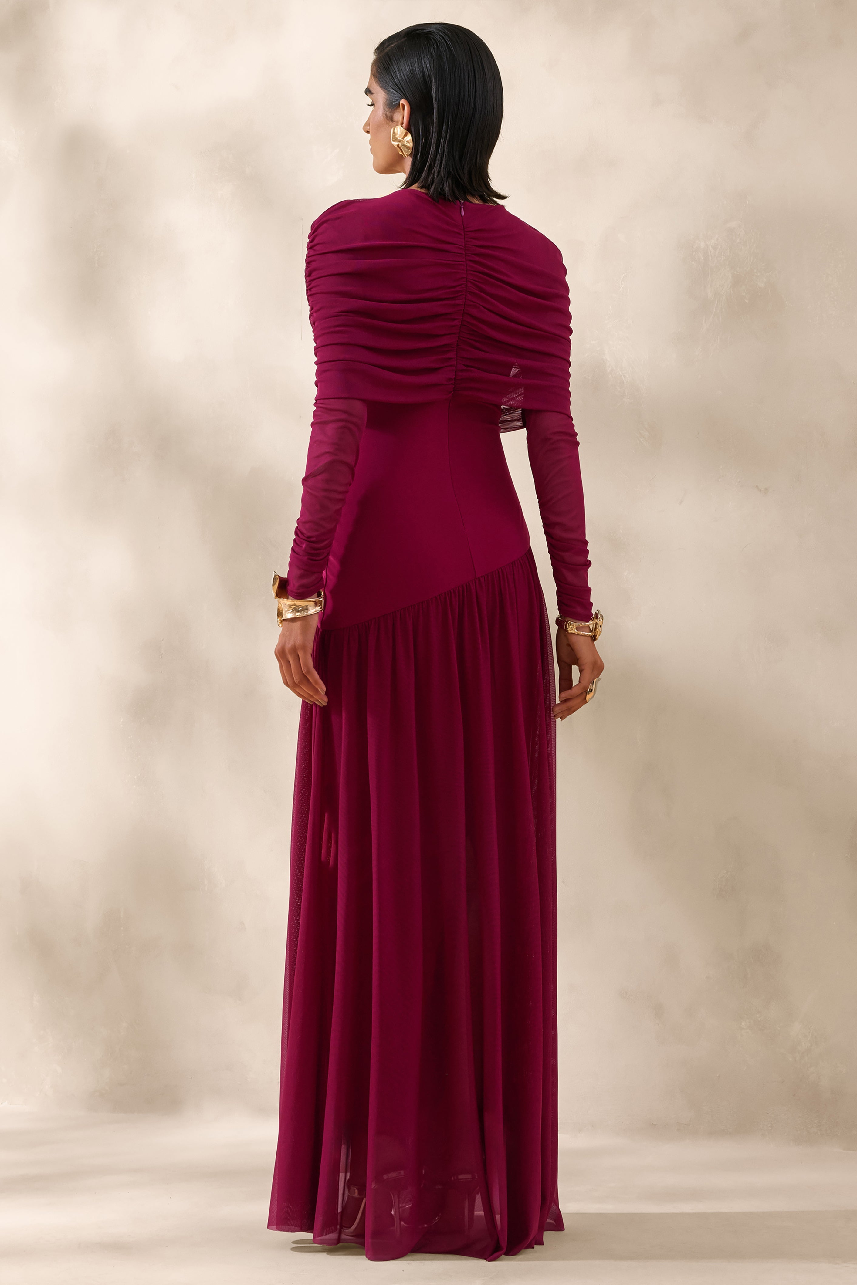 Enalia | Burgundy Mesh High-Neck Maxi Dress With Short-Cape