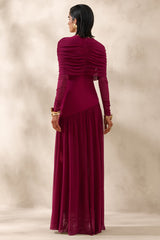 Enalia | Burgundy Mesh High-Neck Maxi Dress With Short-Cape