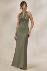 Aralisse | Khaki Satin Cowl-Neck Maxi Dress