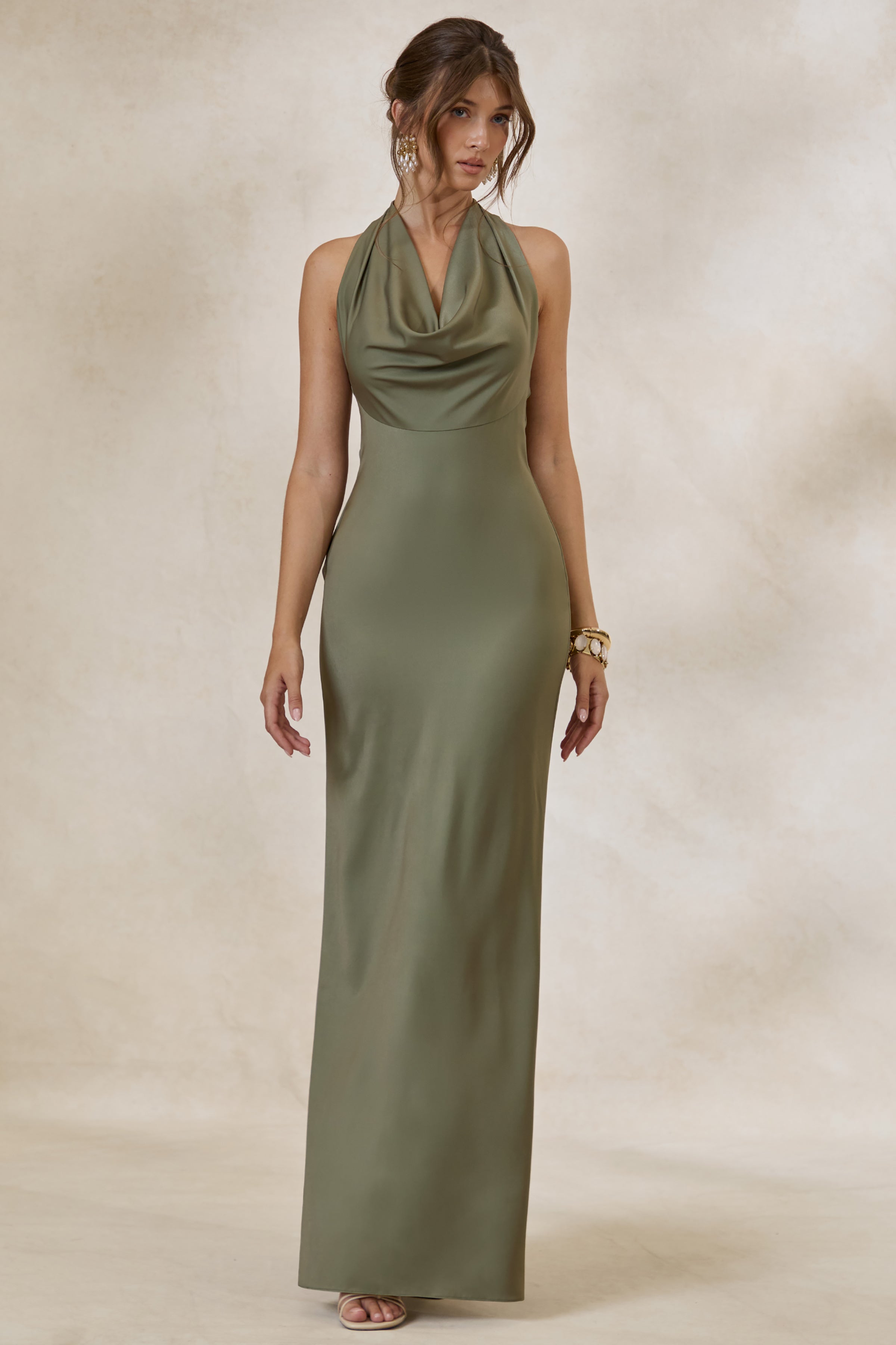 Aralisse | Khaki Satin Cowl-Neck Maxi Dress