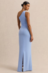 Arovia | Powder Blue Satin Asymmetric-Neck Maxi Dress With Draped-Detail