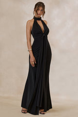 Canella | Black Satin Halter-Neck Maxi Dress With Sash-Detail