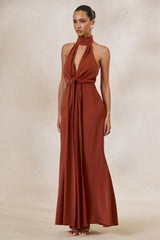 Canella | Rust Satin Halter-Neck Maxi Dress With Sash-Detail
