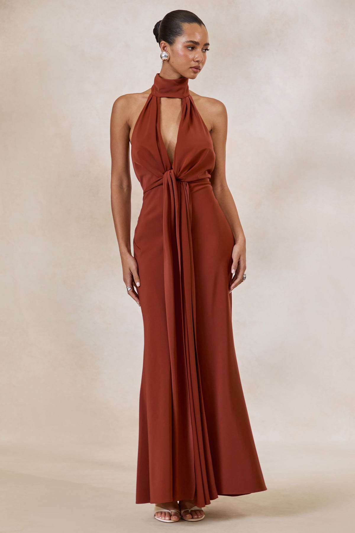 Canella | Rust Satin Halter-Neck Maxi Dress With Sash-Detail